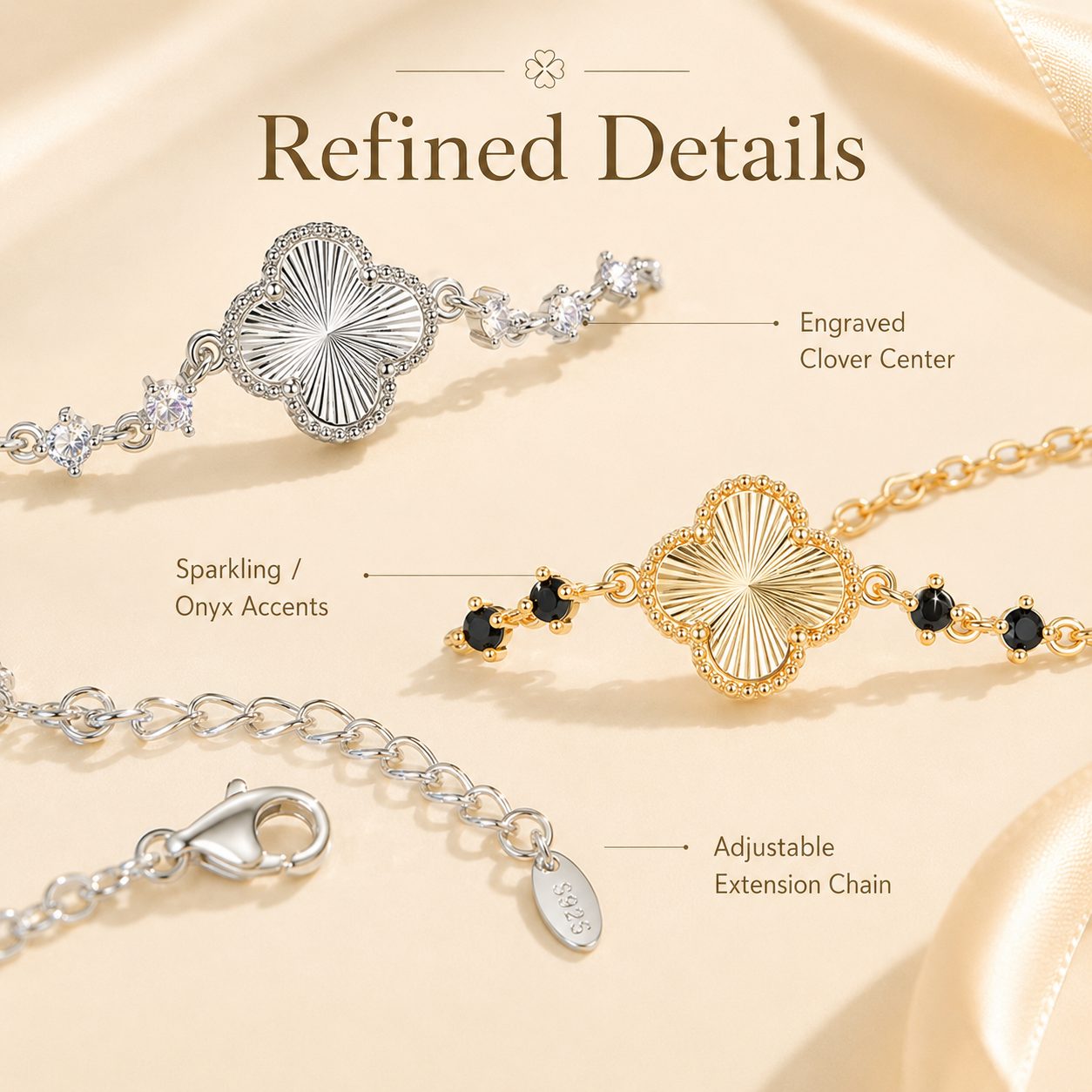 Close up detail of lucky clover bracelet with delicate chain, clover charm and sparkling stone accents