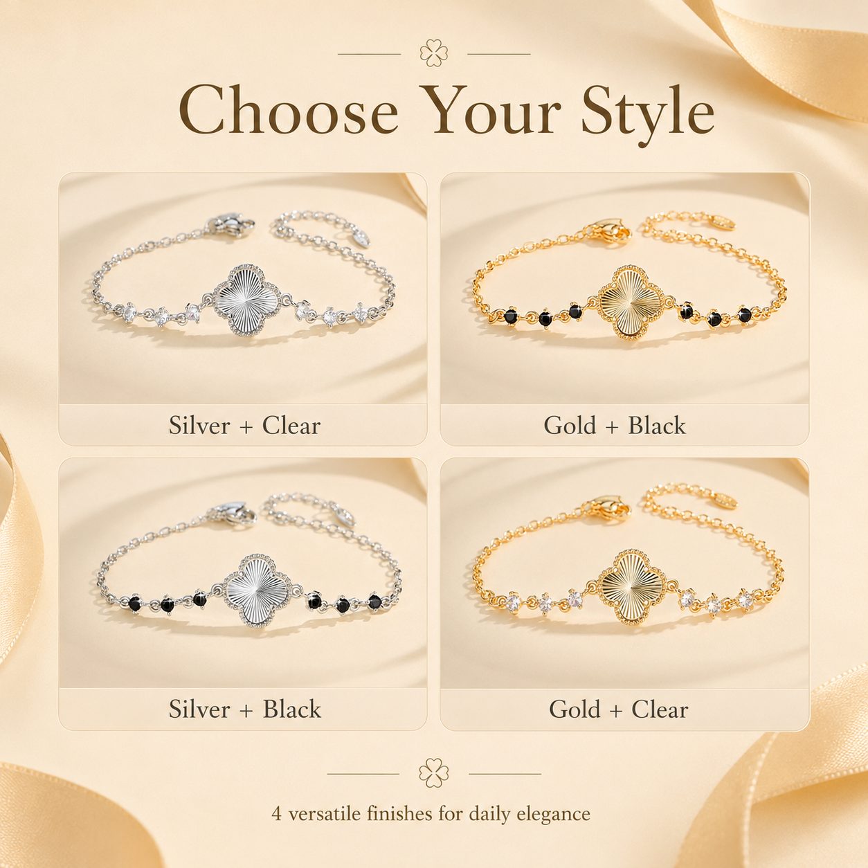Four lucky clover bracelet styles including gold black stone, gold clear stone, silver black stone and silver clear stone