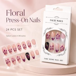 pink floral press on nails 24 pcs reusable almond nail set with packaging