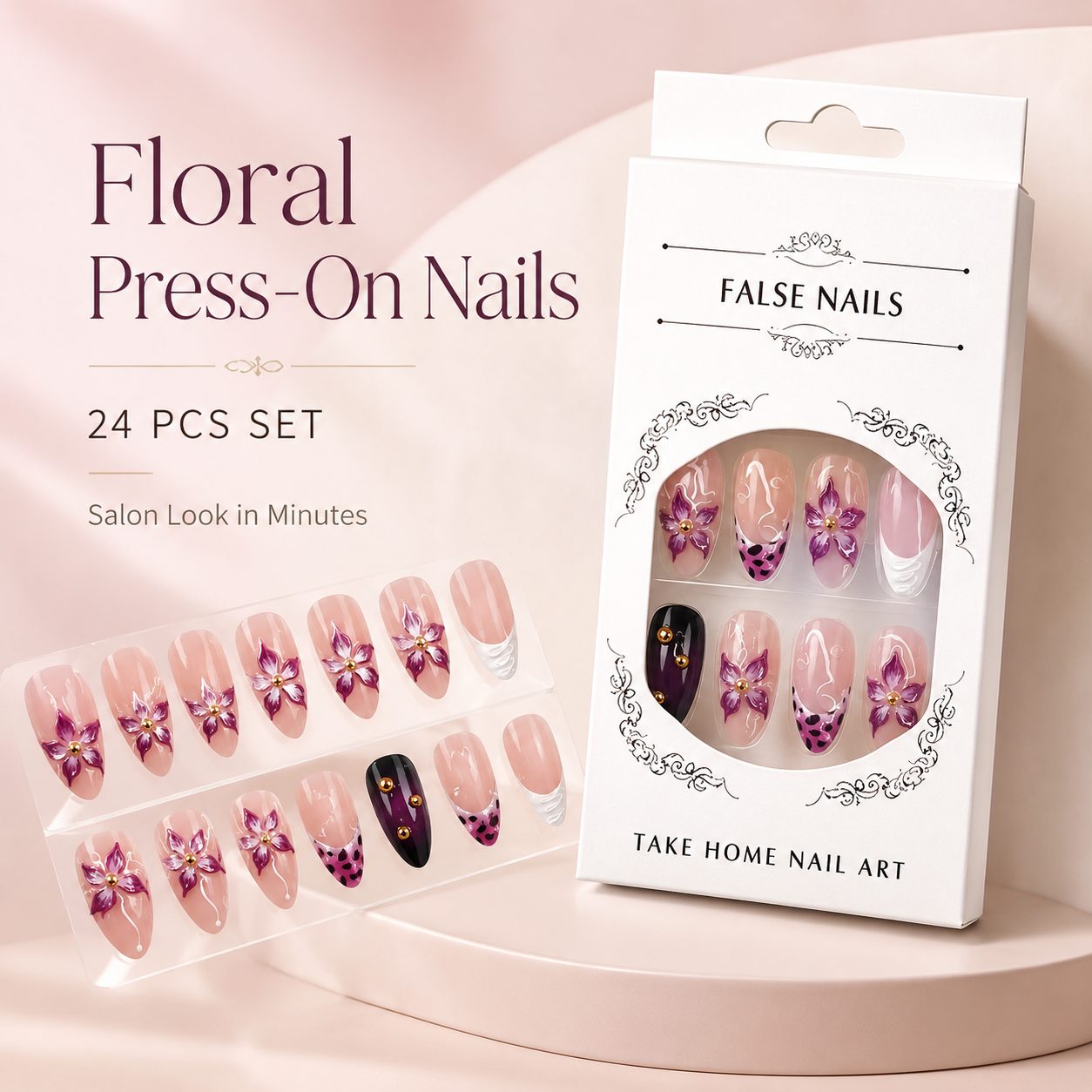 pink floral press on nails 24 pcs reusable almond nail set with packaging