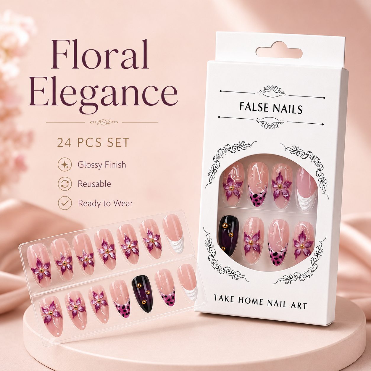 pink floral press on nails luxury display image with elegant packaging