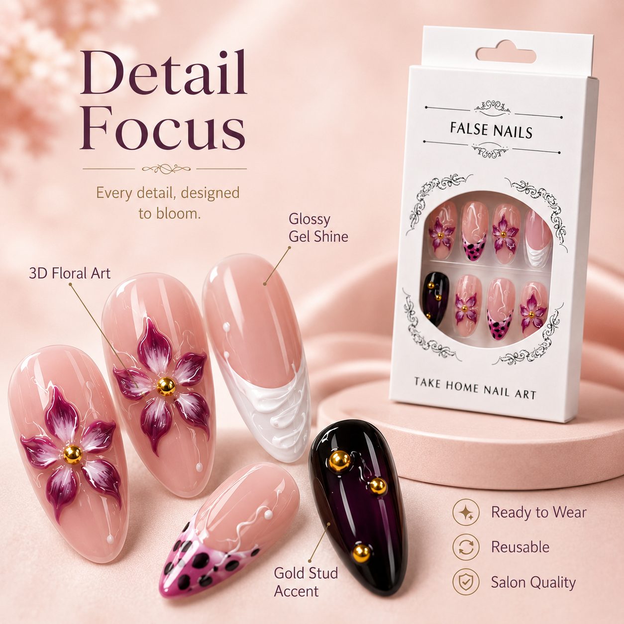 pink floral press on nails close up detail with glossy floral nail art