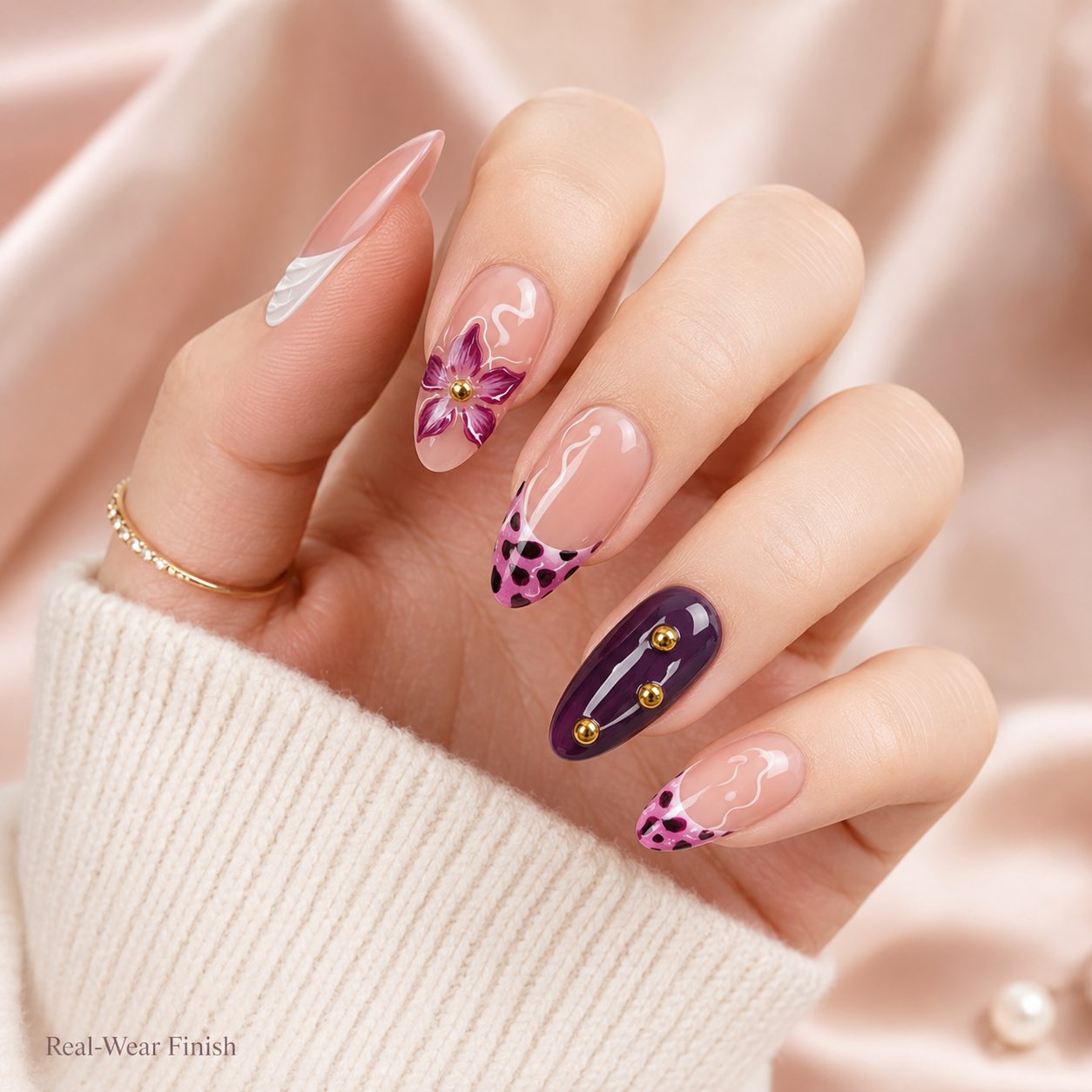 pink floral press on nails on light skin hand