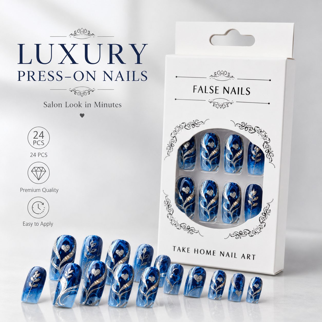 Ocean blue marble press-on nails with silver glitter heart design and white luxury packaging box, 24 pcs reusable false nails set.