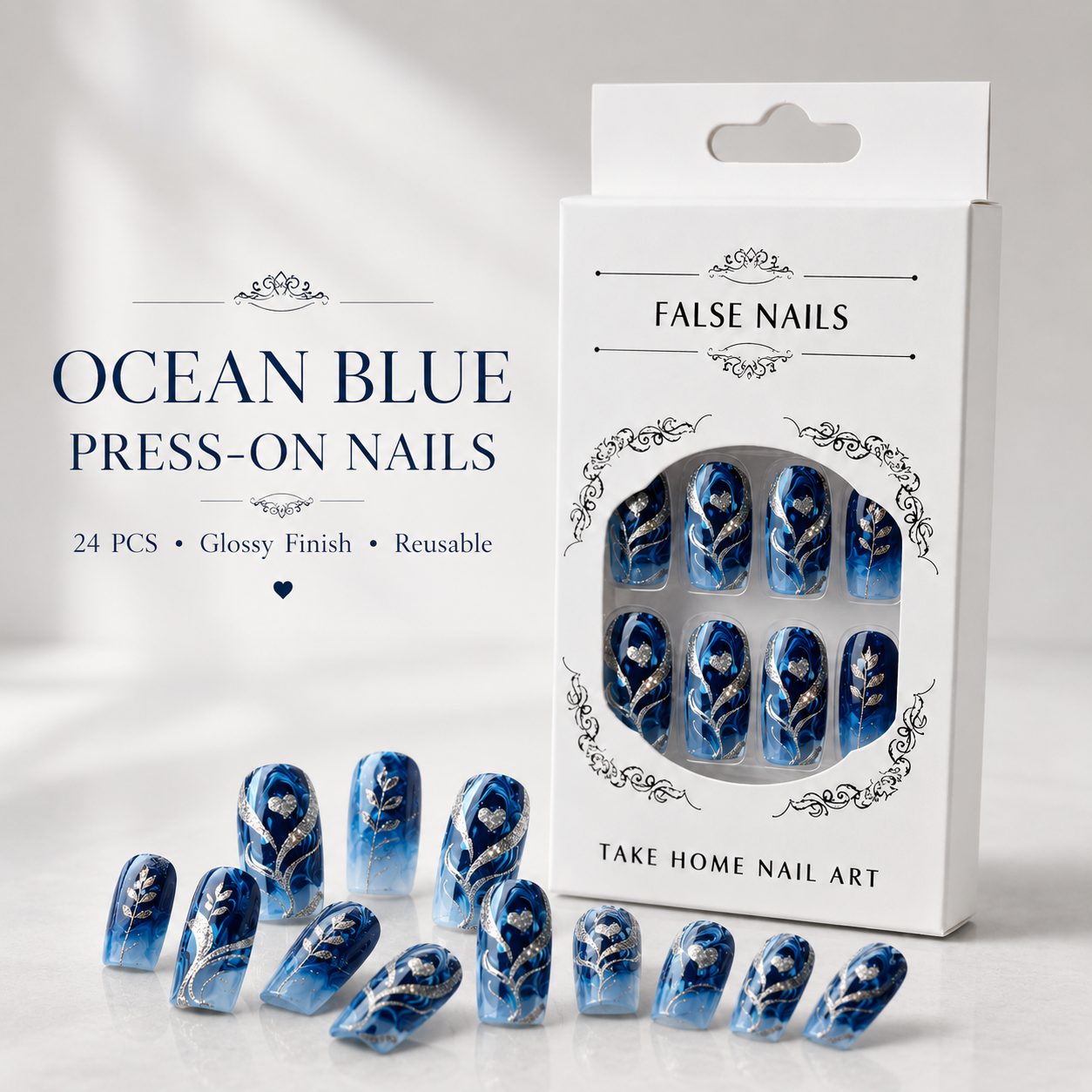 Luxury ocean blue press-on nails displayed with elegant white packaging box, glossy finish, reusable 24 pcs nail set for women.