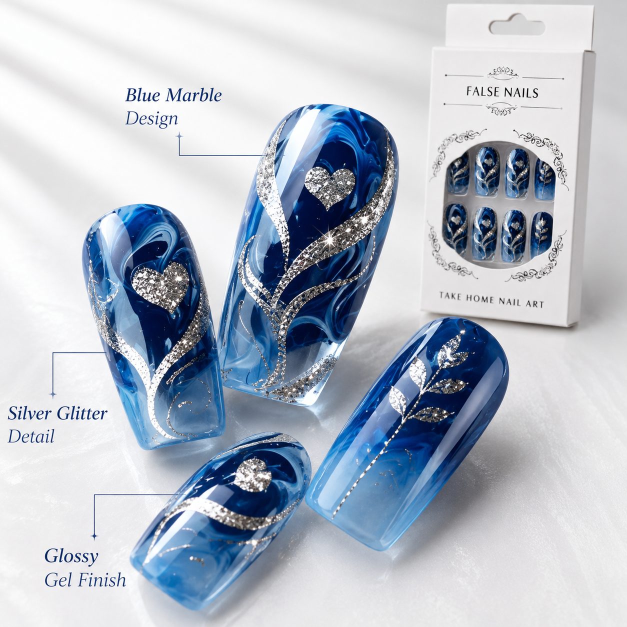 Close-up detail of blue marble press-on nails featuring silver glitter lines, heart accents, glossy gel finish, and elegant nail art design.