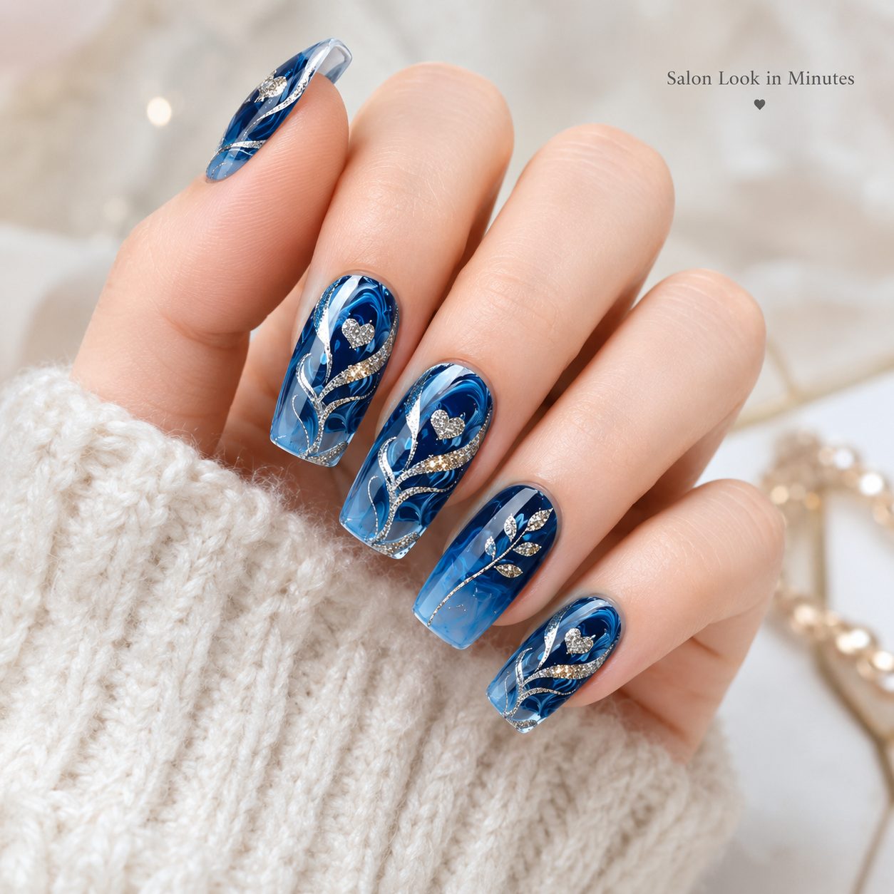 Fair skin hand wearing glossy blue marble press-on nails with silver glitter heart and leaf details, salon look in minutes.