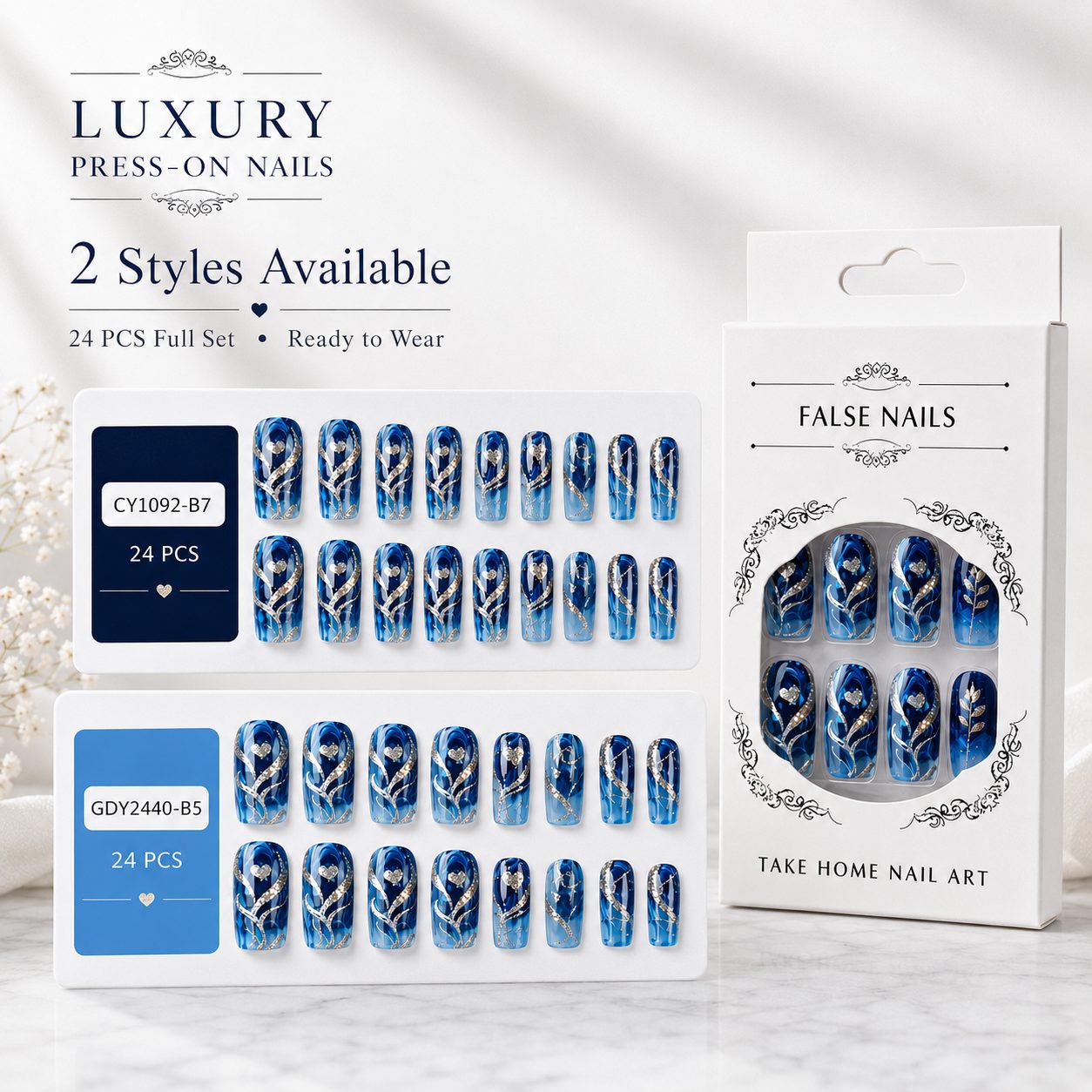 Blue Marble Press On Nails 24 PCS – 2 Styles Luxury Reusable False Nails Set - Image 4