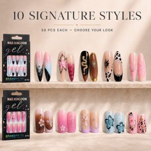 Ten Nail Kingdom press-on nail styles with 30 pieces per set, including butterfly, floral, animal print and gold designs